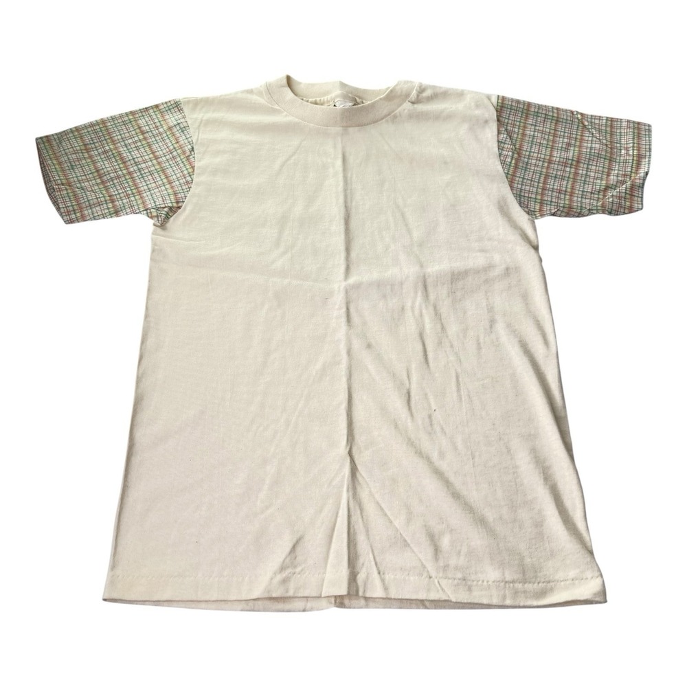 Vintage L.A. Sportswear Kids L Plaid Sleeve T Shirt USA Made Cotton Graphic Tee